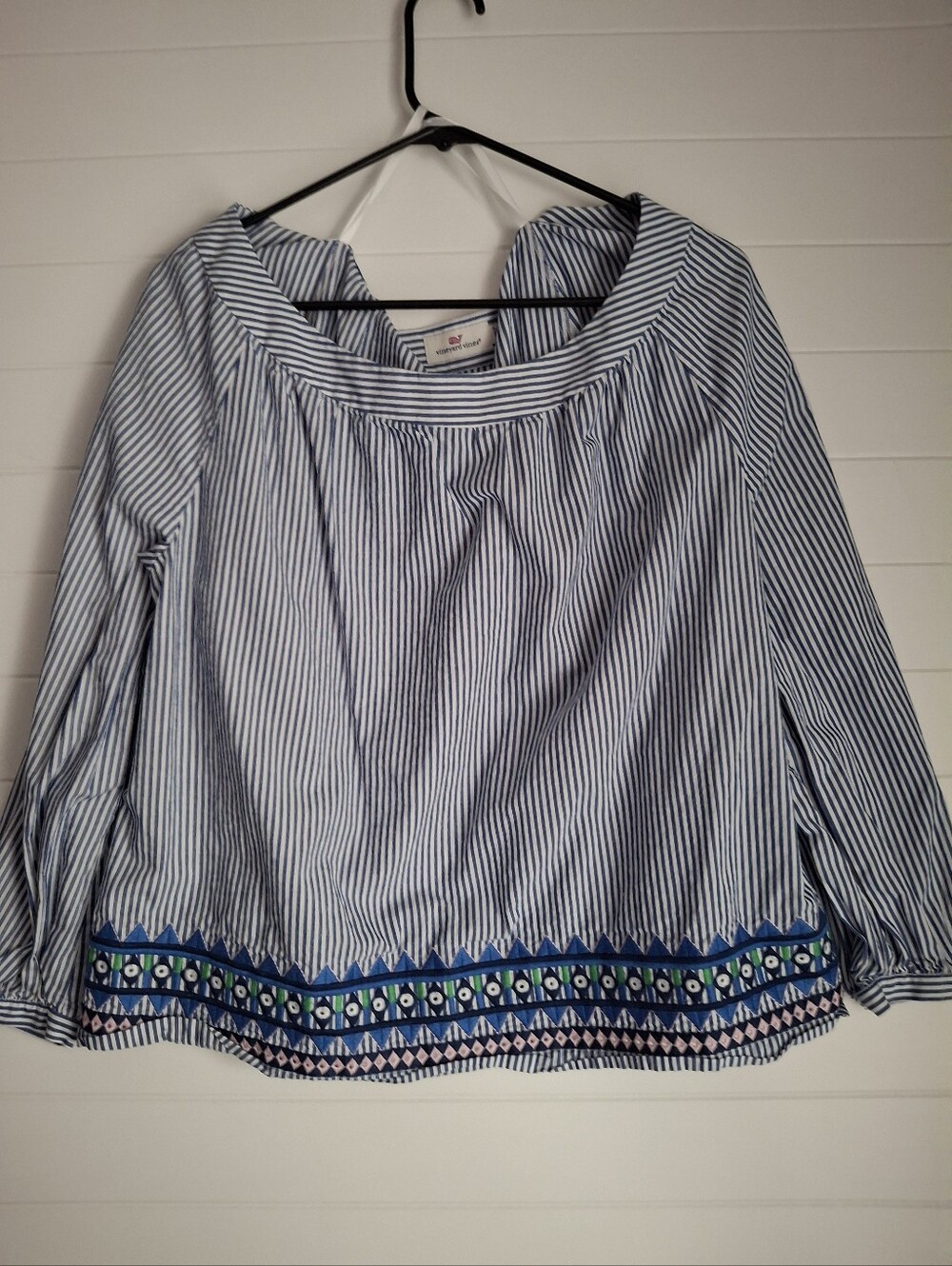 Vineyard Vines Striped Blue Embroidered Hem Women's Top